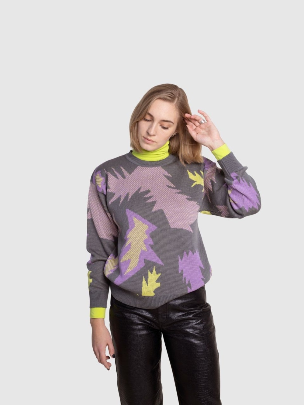 Woolish Merino Wool Abstract Crewneck Sweater Gray Purple Pink- Size Small